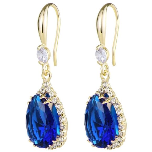 14K Yellow Gold with Blue Sapphire Cubic Zirconia Teardrop Hook Dangle Earrings - Picture 2 of 5